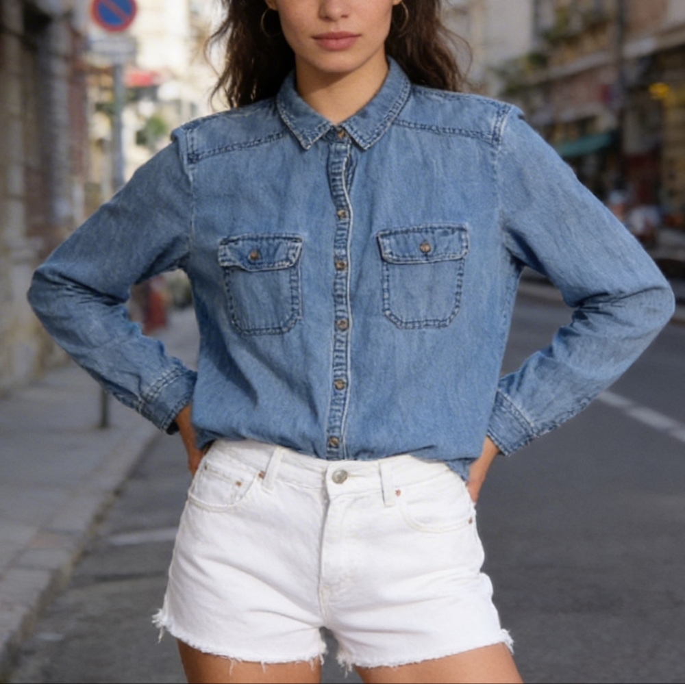 BP Blue Denim Button-Up Shirt Size S Classic Cotton Chambray Casual Top